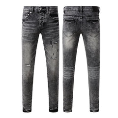 Purple Jeans Men Distressed Grey Washed Skinny Jeans Ripped Scratch Style 9105