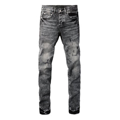 Purple Jeans Men Distressed Grey Washed Skinny Jeans Ripped Scratch Style 9105