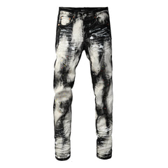 Purple Men Streetwear Skinny Jeans Black and White Graffiti Wash with Multi Color Paint Splash PU9111