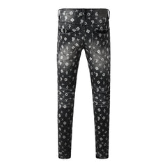 Purple Men Classic Street Skinny Jeans Dark Grey Monogram Print All Over Distressed Style PU9112