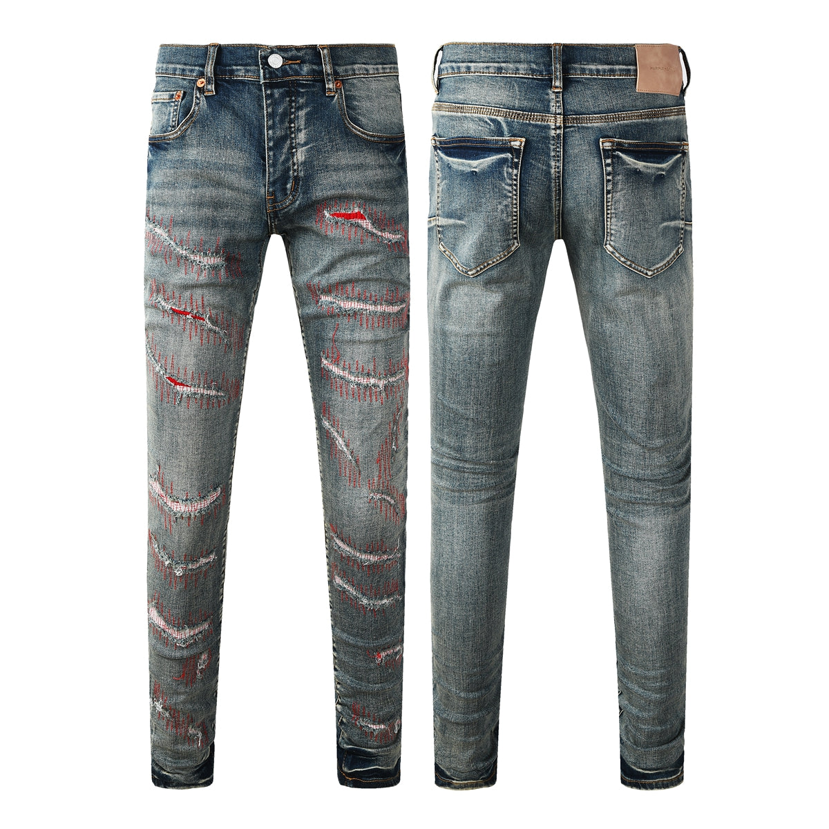 Purple Men’s Dark Blue Slim Fit Jeans with Heavy Distressed Red Patchwork Details for Edgy Streetwear Style 9114