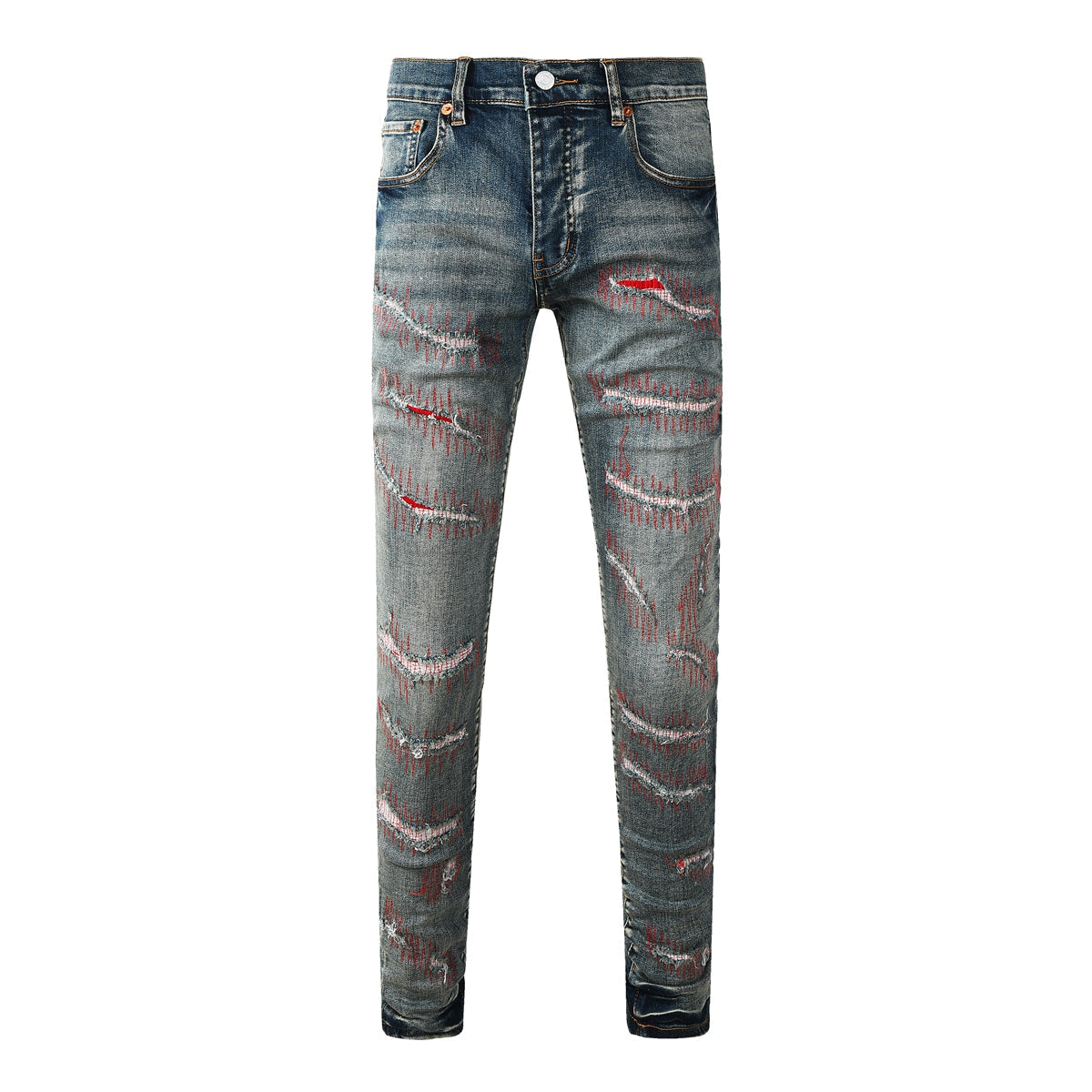 Purple Men’s Dark Blue Slim Fit Jeans with Heavy Distressed Red Patchwork Details for Edgy Streetwear Style 9114