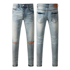 Purple Men Streetwear Skinny Jeans Light Blue with Rhinestone Studs and Distressed Details PU9119