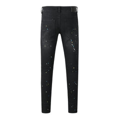 Purple Jeans Streetwear Men’s Black Ripped Slim Jeans with Multi Color Paint Splatter Effect and Rugged Tear Details 9121