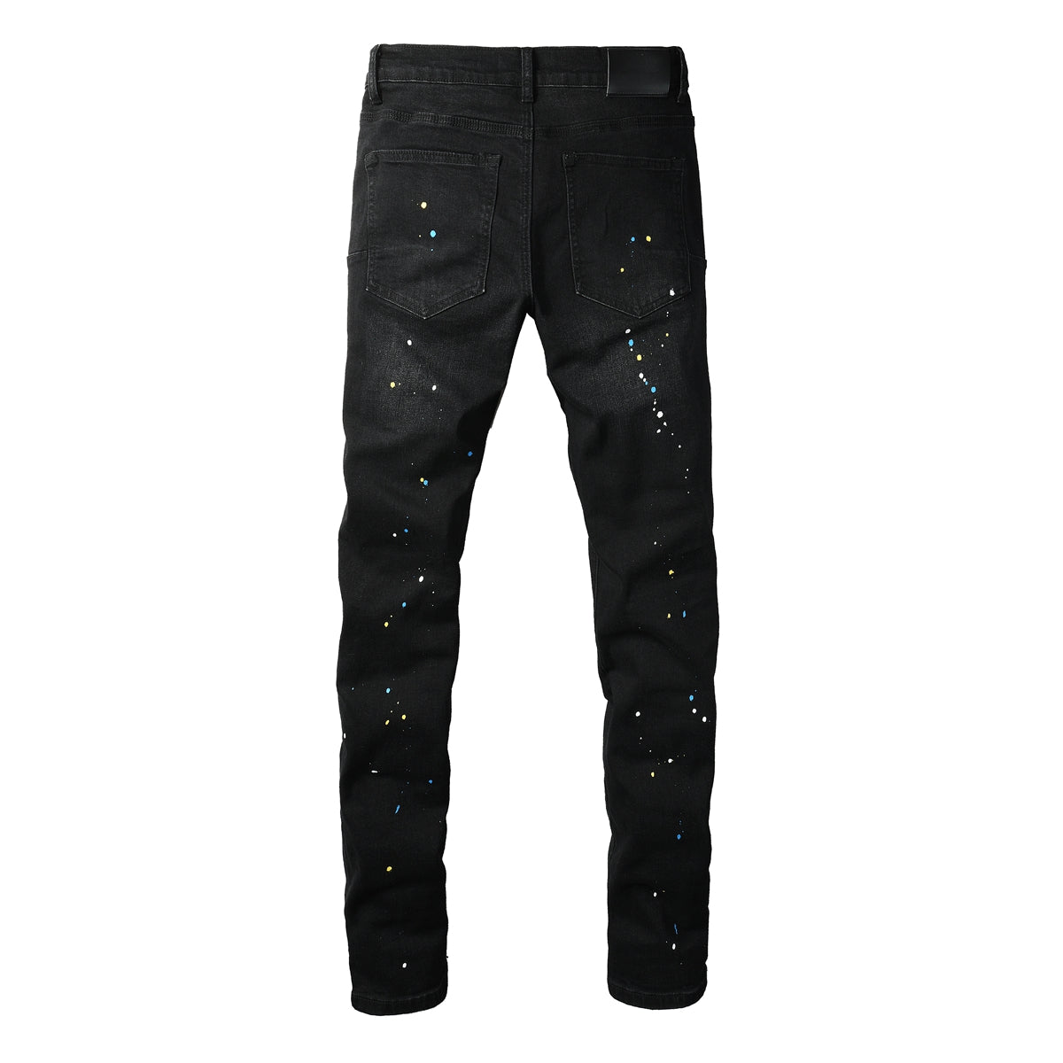 Purple Jeans Streetwear Men’s Black Ripped Slim Jeans with Multi Color Paint Splatter Effect and Rugged Tear Details 9121