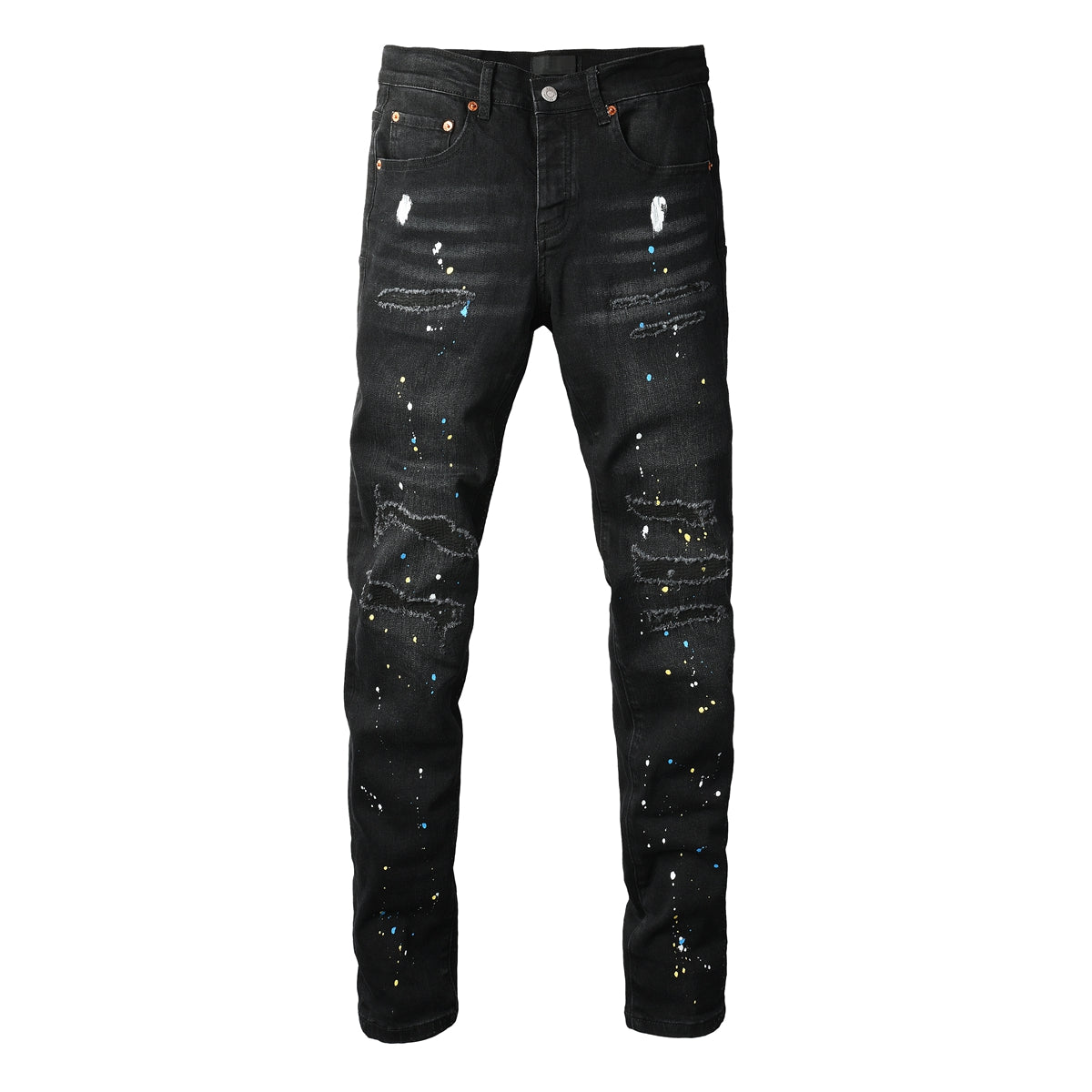 Purple Jeans Streetwear Men’s Black Ripped Slim Jeans with Multi Color Paint Splatter Effect and Rugged Tear Details 9121