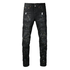 Purple Jeans Streetwear Men’s Black Ripped Slim Jeans with Multi Color Paint Splatter Effect and Rugged Tear Details 9121