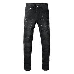 Purple Mens Black Skinny Jeans with Gradient Rhinestone Embellishment Sparkling Night Sky Inspired Denim 9130