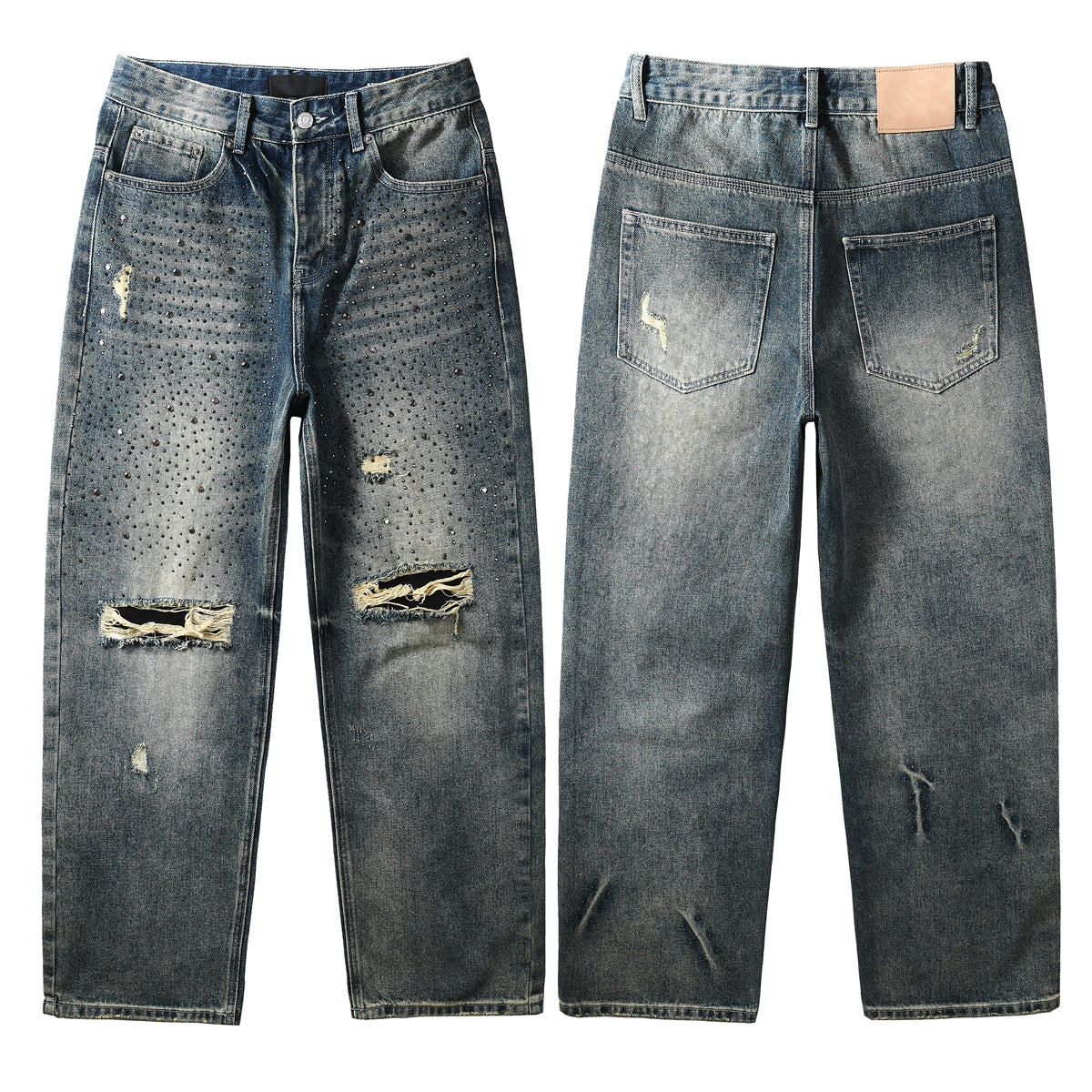 Purple Jeans Mens Designer Washed Blue Jeans Loose Fit with Crystal Embellishment and Edgy Ripped Look 9131