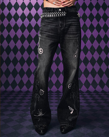 MEDM × JOJO Icon Embroidery Washed Distressed Jeans