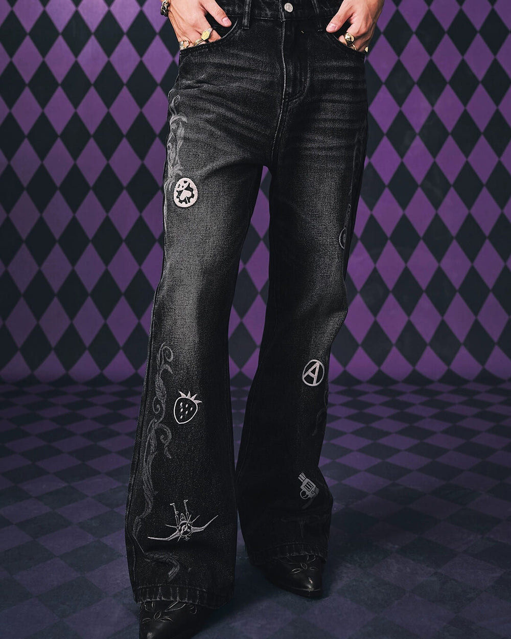 MEDM × JOJO Icon Embroidery Washed Distressed Jeans