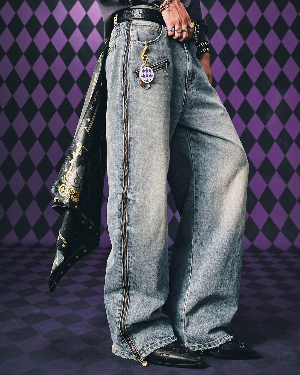 MEDM × JOJO Side Zipper Contrast Checkered Washed Jeans