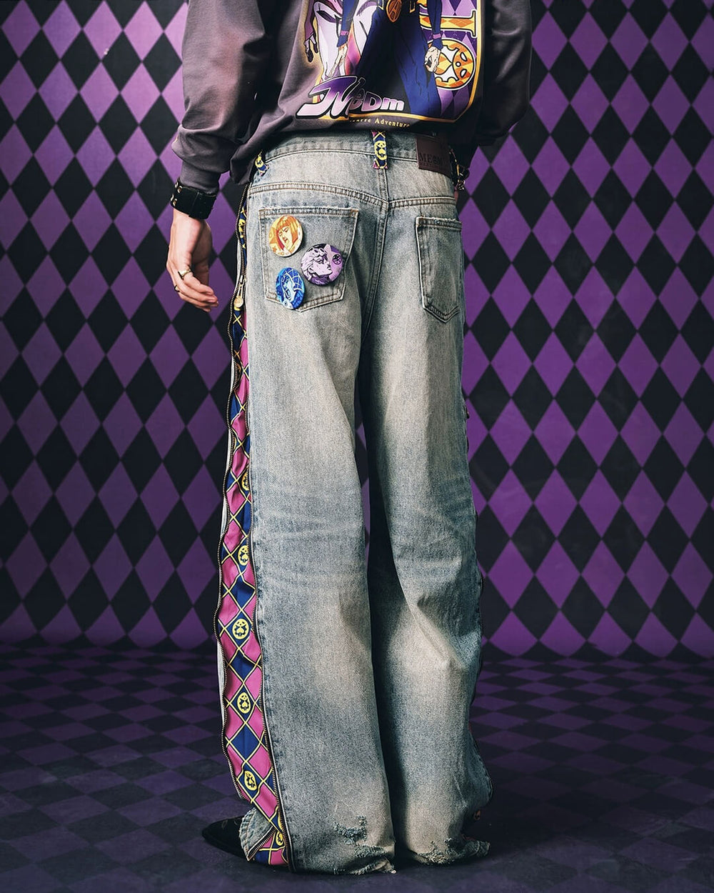 MEDM × JOJO Side Zipper Contrast Checkered Washed Jeans