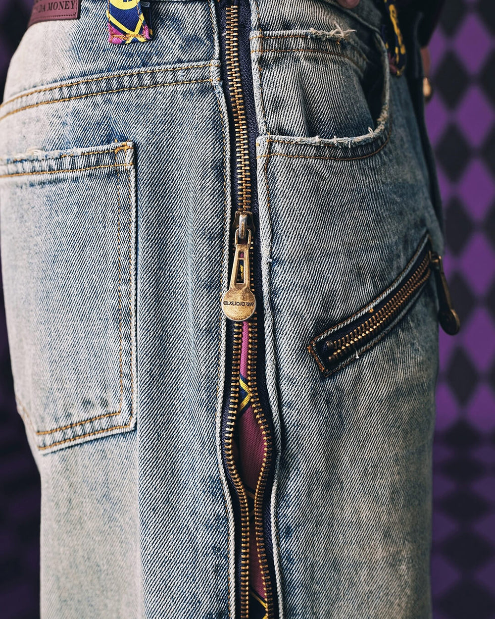 MEDM × JOJO Side Zipper Contrast Checkered Washed Jeans