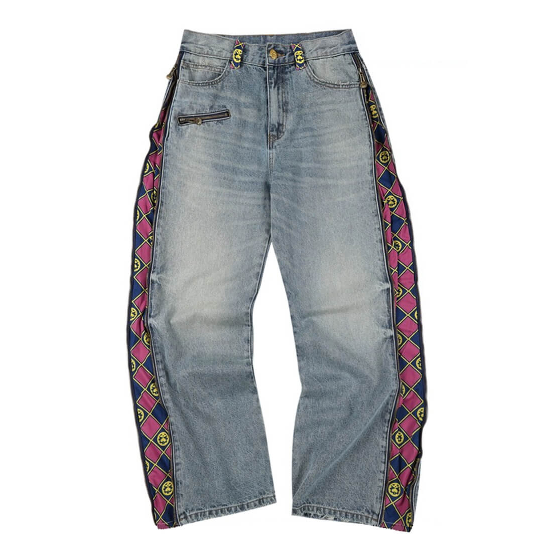 MEDM × JOJO Side Zipper Contrast Checkered Washed Jeans