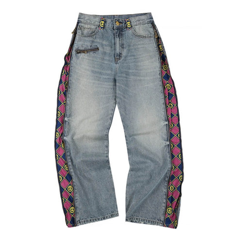 MEDM × JOJO Side Zipper Contrast Checkered Washed Jeans