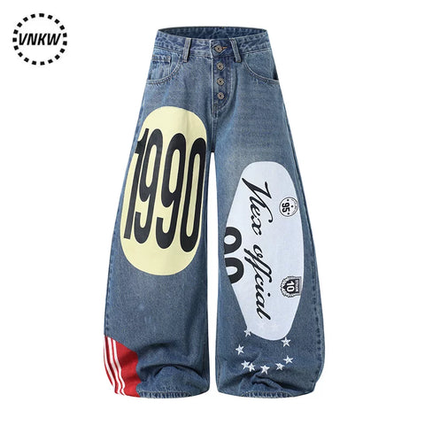 American high street hip-hop digital print splicing curved knife jeans for men and women, unisex style, loose and wide leg versatile pants