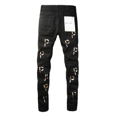 Purple Jeans New Black Letter Printing Vintage Personality Fashion Ripped Jeans 9008