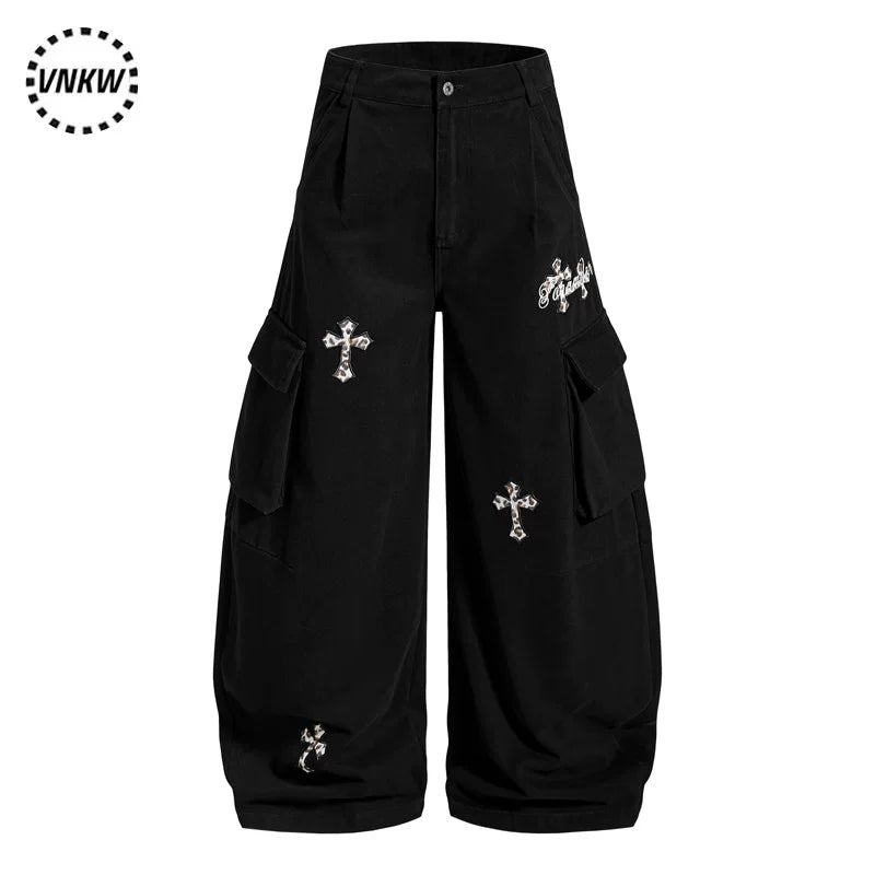 American retro leopard print cross embroidered workwear curved pants for men and women, loose multi pocket casual versatile wide leg pants