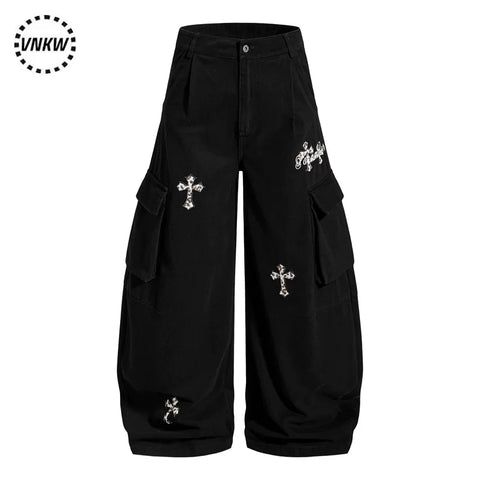 American retro leopard print cross embroidered workwear curved pants for men and women, loose multi pocket casual versatile wide leg pants