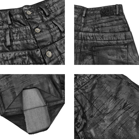 LINBESUI logo WANNA LAB 26SS three waisted brush wax Nissan buckle snake skin denim seven quarter shorts