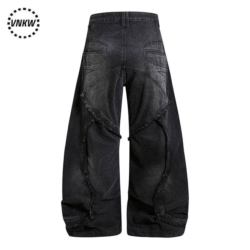 China-Chic Super Heavy Industries worn and deconstructed raw edge scimitar jeans men and women's waste earth style loose wide leg black gray trousers