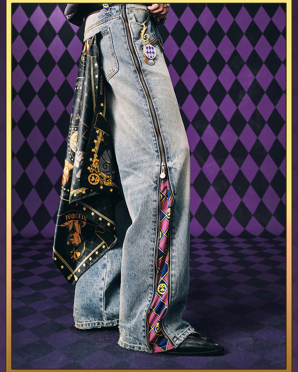 MEDM × JOJO Side Zipper Contrast Checkered Washed Jeans