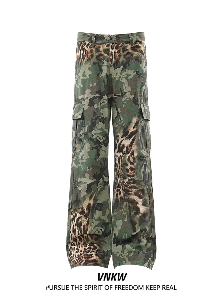 American retro leopard print patchwork camouflage straight leg work pants for men and women, loose and wide leg versatile, slimming and high-end pants