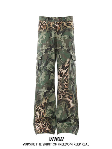 American retro leopard print patchwork camouflage straight leg work pants for men and women, loose and wide leg versatile, slimming and high-end pants