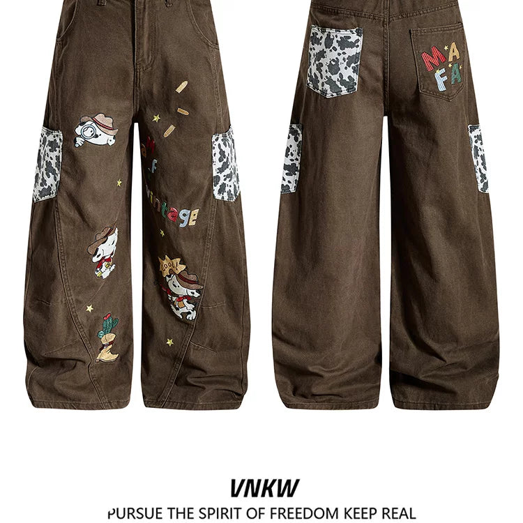 Melad Brown Cartoon Pattern Embroidered Wide Leg Jeans for Men and Women, Loose and Versatile Straight Tube Casual Drop pants