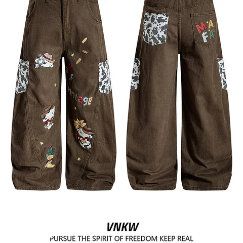 Melad Brown Cartoon Pattern Embroidered Wide Leg Jeans for Men and Women, Loose and Versatile Straight Tube Casual Drop pants
