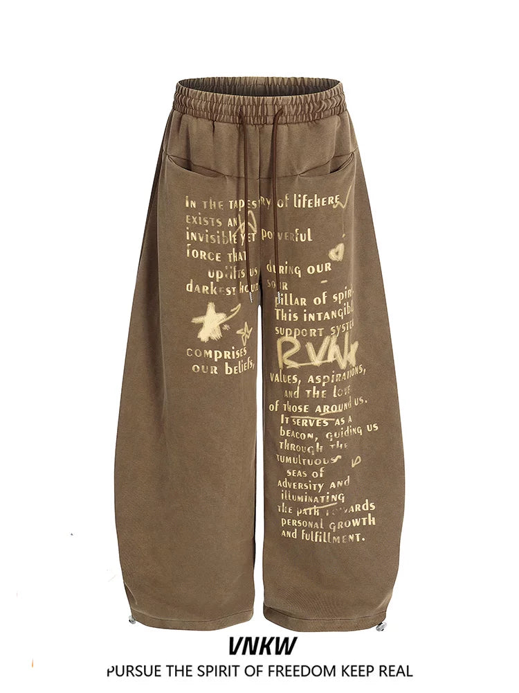 American street retro letter printed wide leg pants for men and women, heavy weight, loose drawstring, curved knife, sports and casual sweatpants, trendy