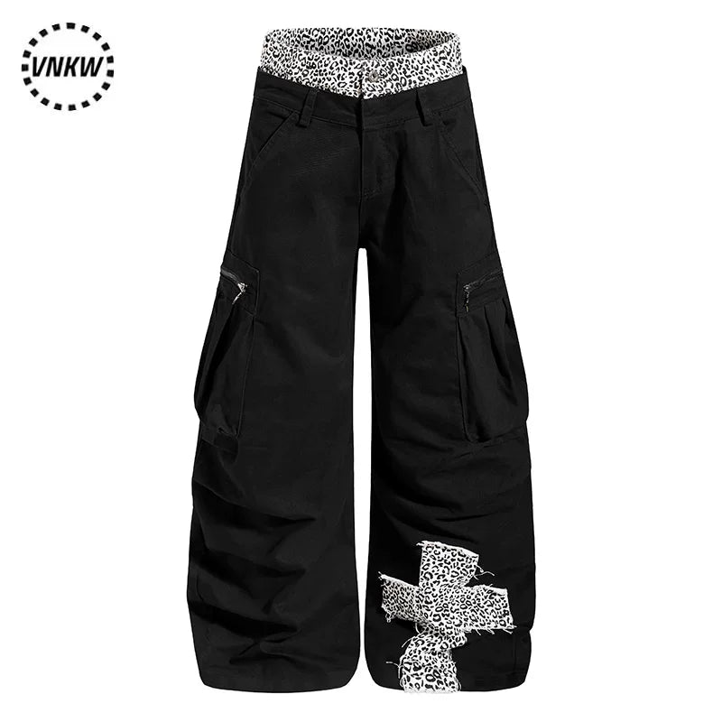 China-Chic ruffian handsome multi pocket leopard double waist head splicing machete overalls for men and women loose design wide leg trousers