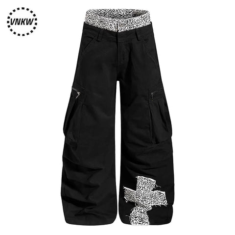 China-Chic ruffian handsome multi pocket leopard double waist head splicing machete overalls for men and women loose design wide leg trousers