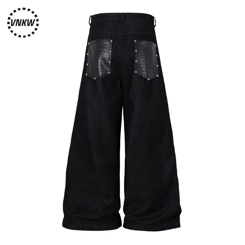 American retro rivet single breasted design workwear jeans for men, rugged and handsome high street, loose and wide leg, and long pants