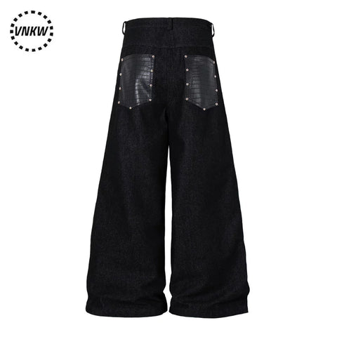 American retro rivet single breasted design workwear jeans for men, rugged and handsome high street, loose and wide leg, and long pants