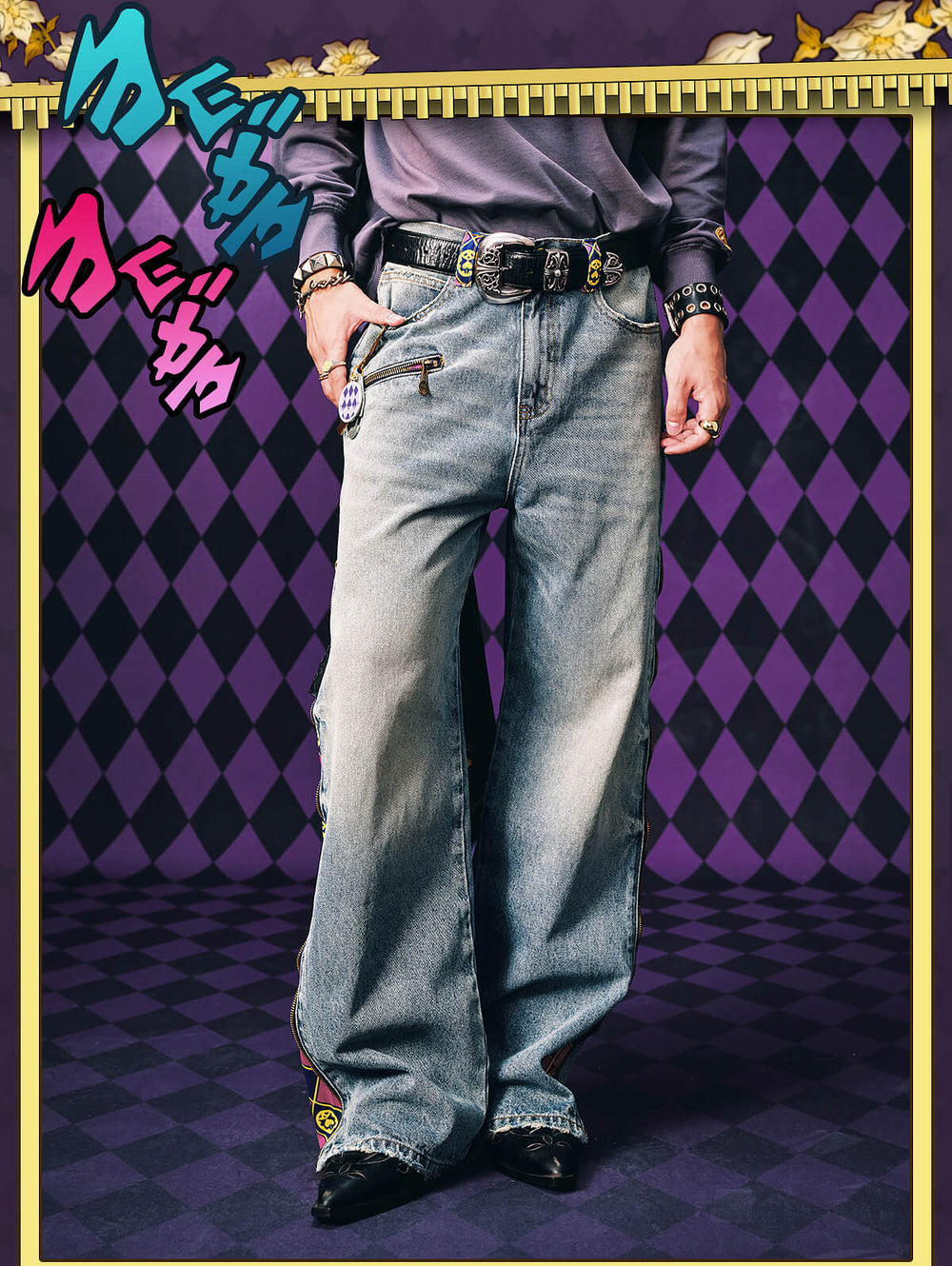 MEDM × JOJO Side Zipper Contrast Checkered Washed Jeans