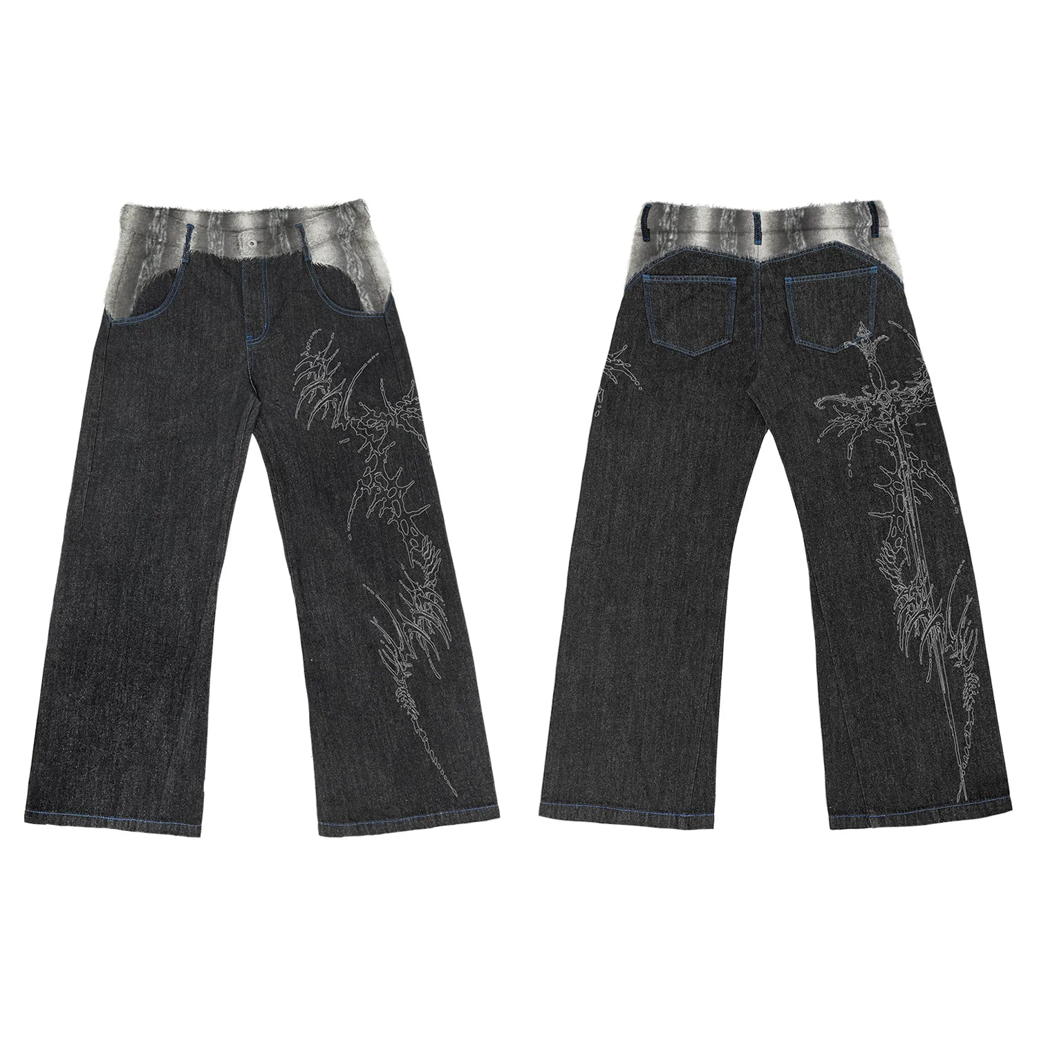 WANNA LAB Sword Bone Laser Burn Flower Baggy Original Cow Pants Bending Knife Waist Splicing Plush Ice Blue Stitching