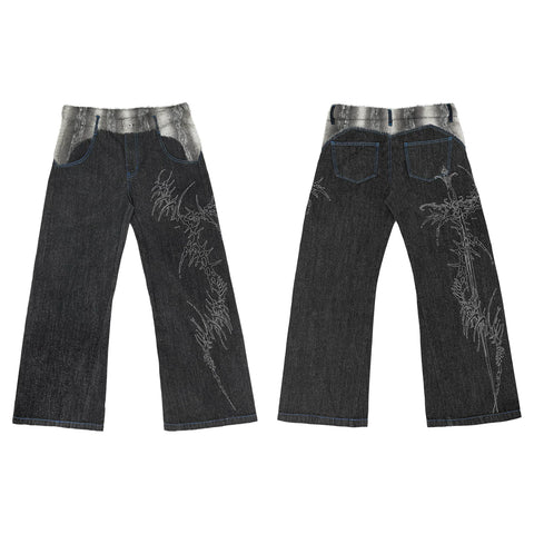WANNA LAB Sword Bone Laser Burn Flower Baggy Original Cow Pants Bending Knife Waist Splicing Plush Ice Blue Stitching
