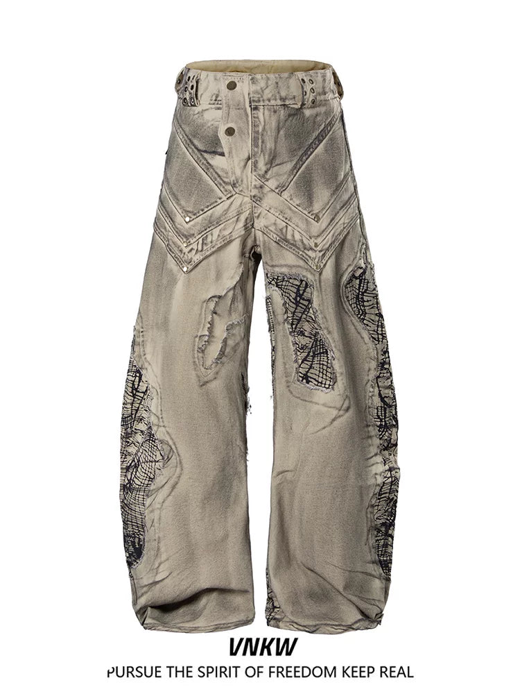China-Chic Deconstruction Splicing Spray Dyeing Damaged Scimitar Workwear Jeans for Men and Women Heavy Weight Old Wasteland Wide Leg Pants