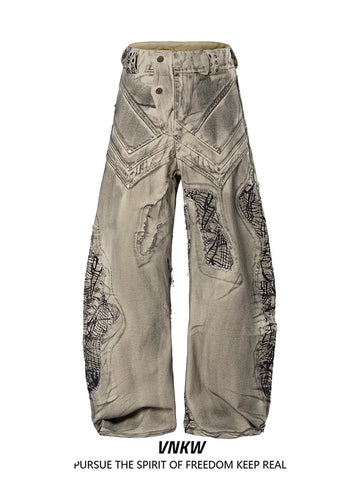 China-Chic Deconstruction Splicing Spray Dyeing Damaged Scimitar Workwear Jeans for Men and Women Heavy Weight Old Wasteland Wide Leg Pants