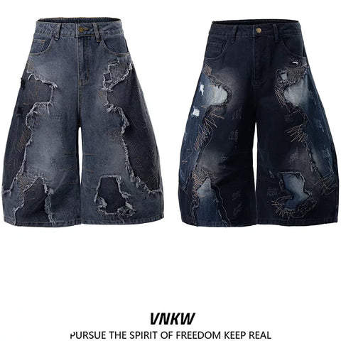 American heavyweight deconstruction tie dye embroidered denim cropped pants, men's and women's loose wide leg versatile unisex style curved knife shorts