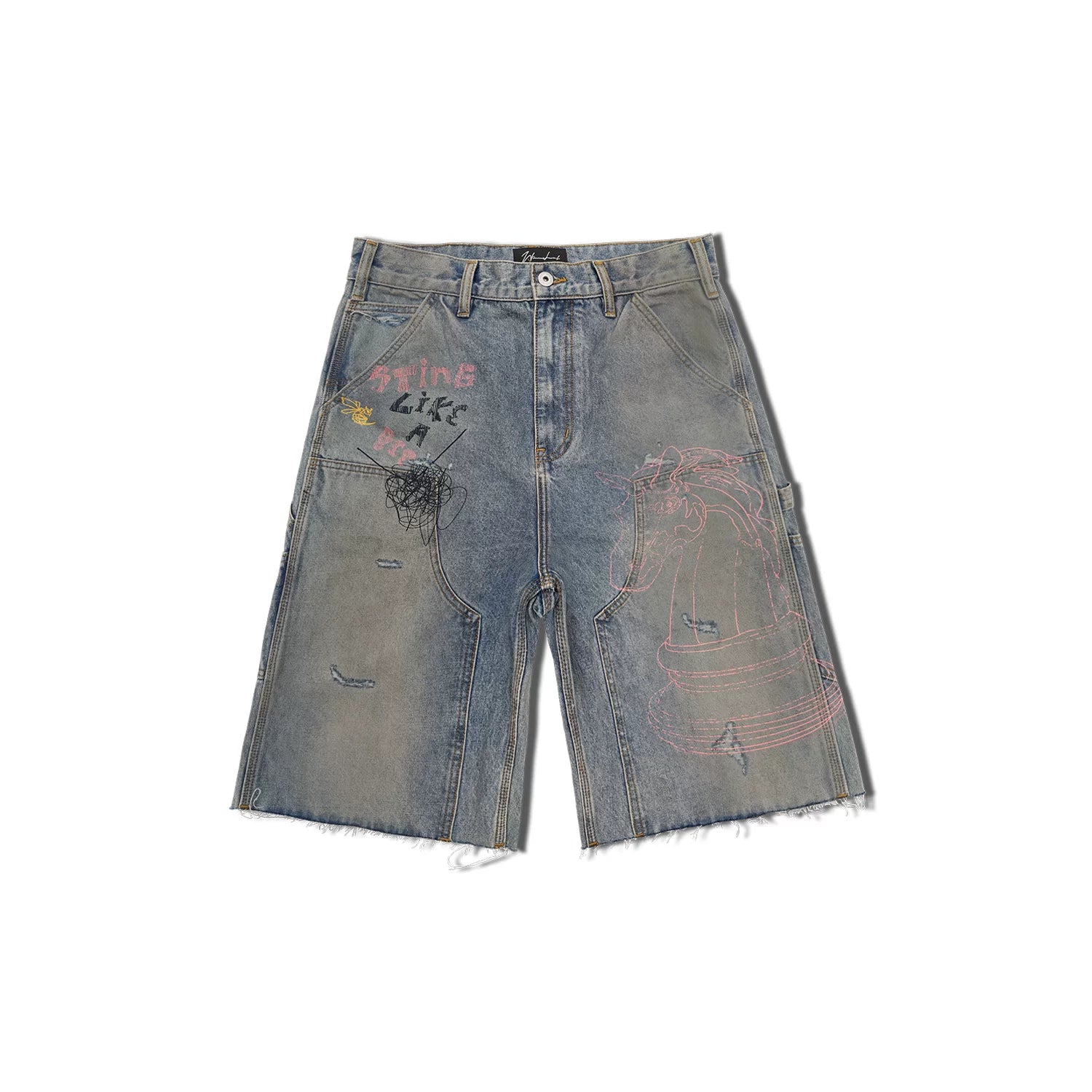 WANNA LAB 26SS horse racing hand drawn graffiti dirty dye logging rough edges denim seven quarter shorts