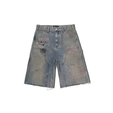 WANNA LAB 26SS horse racing hand drawn graffiti dirty dye logging rough edges denim seven quarter shorts