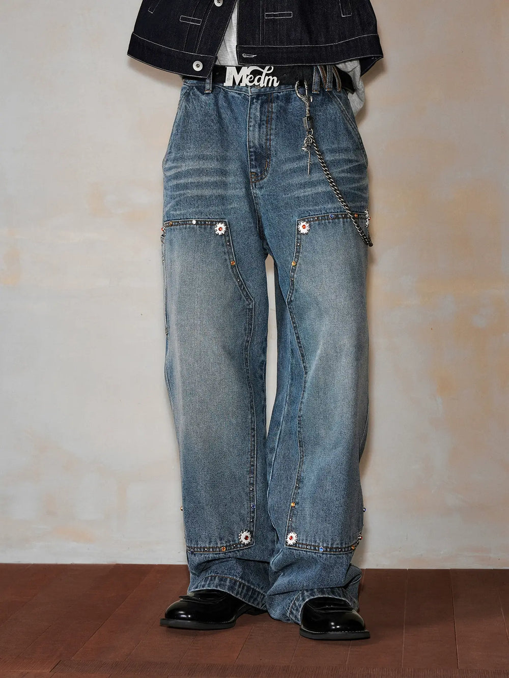 MEDM Gemstone Studded Double Knee Washed Jeans