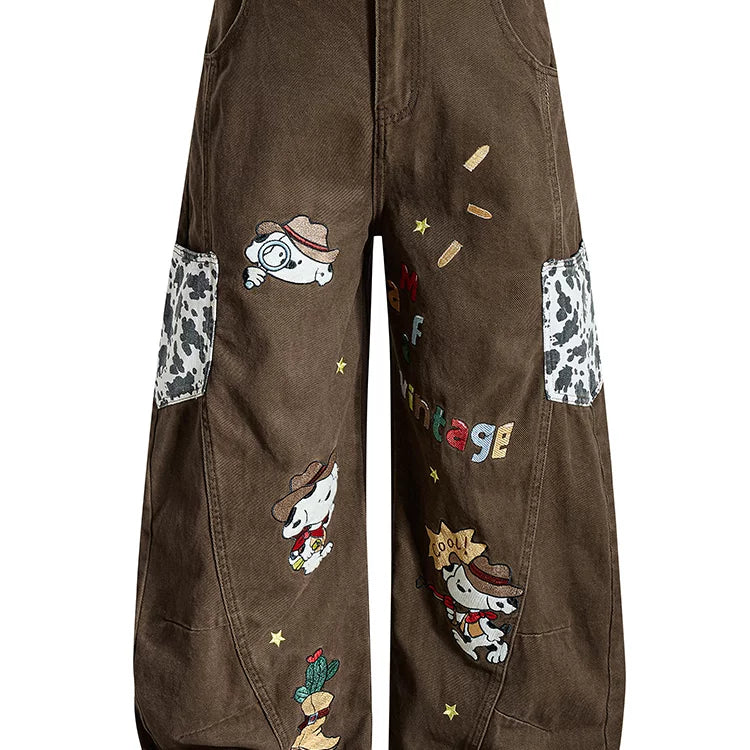 Melad Brown Cartoon Pattern Embroidered Wide Leg Jeans for Men and Women, Loose and Versatile Straight Tube Casual Drop pants