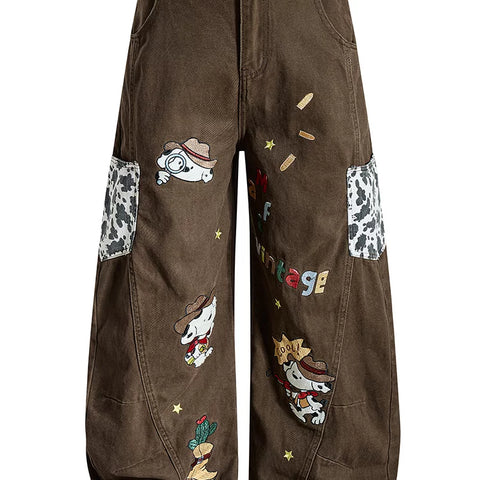 Melad Brown Cartoon Pattern Embroidered Wide Leg Jeans for Men and Women, Loose and Versatile Straight Tube Casual Drop pants