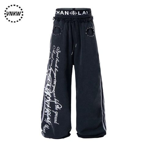 American retro gothic style double waisted wide leg casual pants for men and women, trendy brand, cool and versatile baggy sports sweatpants