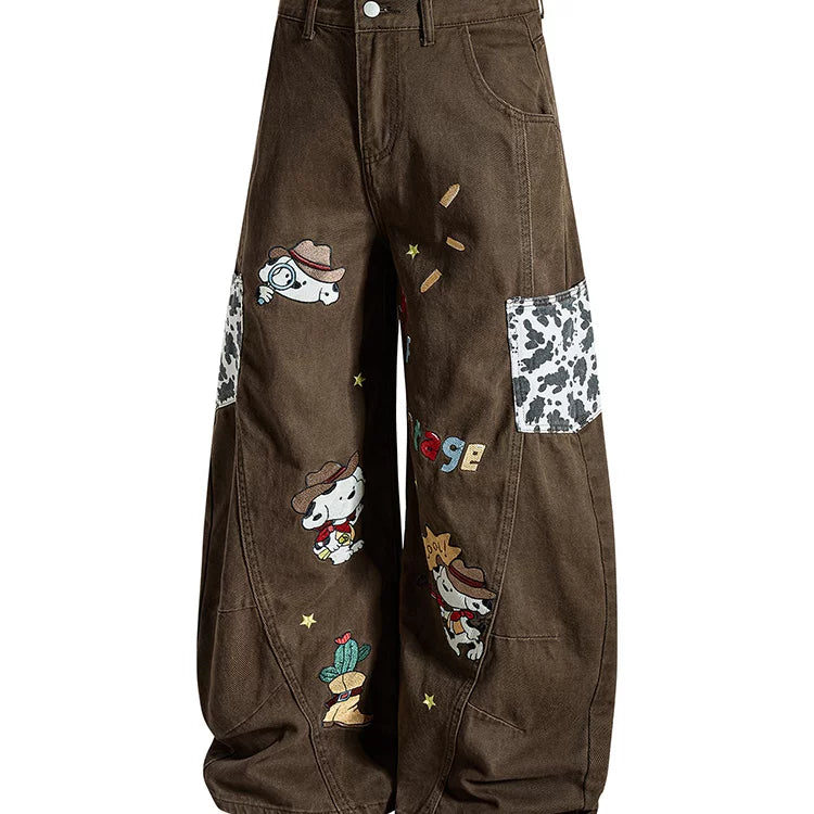 Melad Brown Cartoon Pattern Embroidered Wide Leg Jeans for Men and Women, Loose and Versatile Straight Tube Casual Drop pants