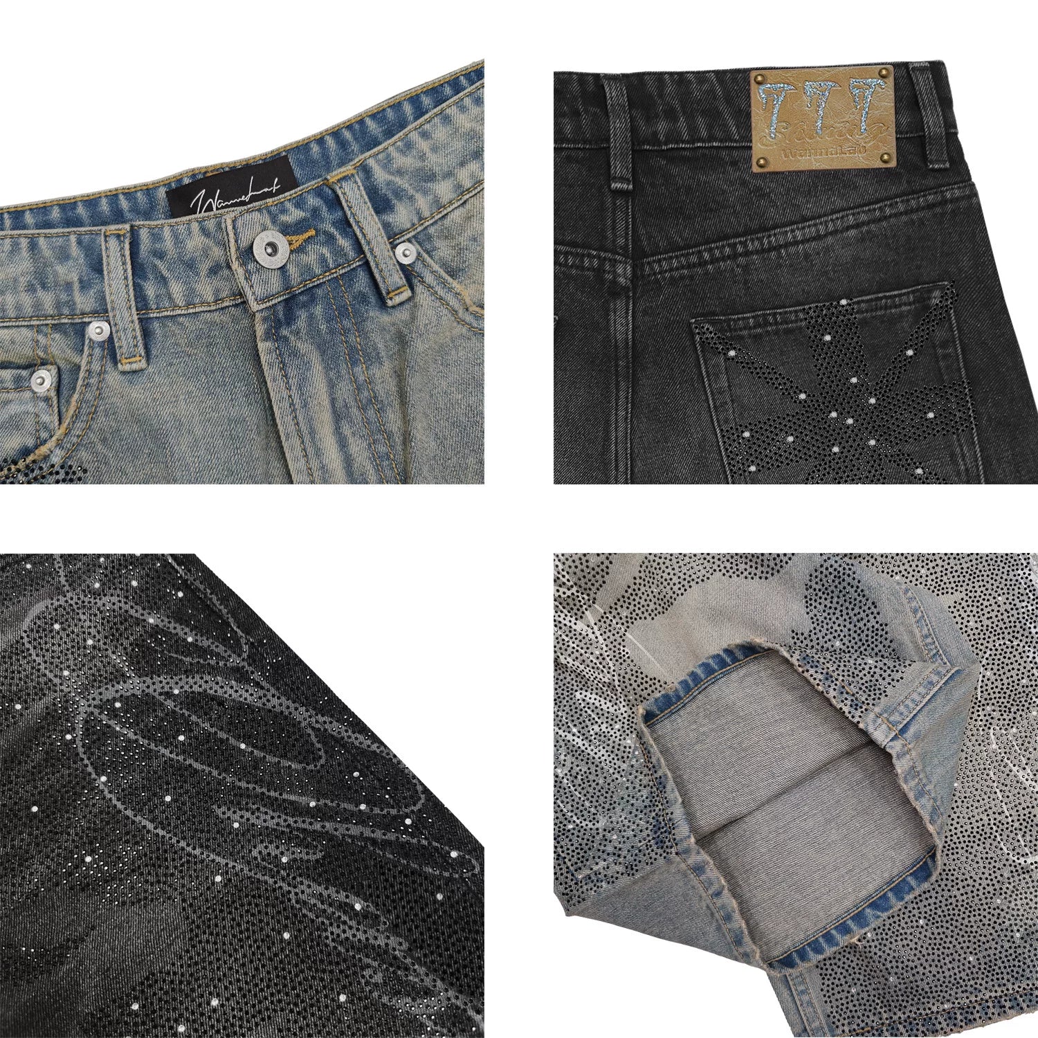 WANNA LAB 26SS floral font hot stamping sequin leather brand washed denim seven quarter shorts